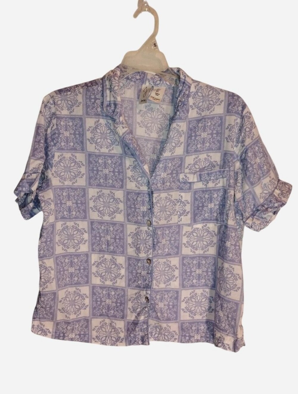 Patchwork Organic Cotton Blue White Floral Button Down Shirt Size S